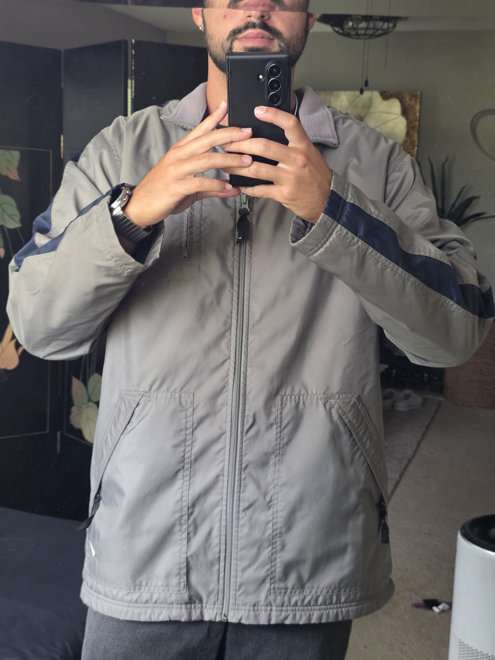Nike Fleece Lined Nylon Zip Up Jacket Windbreaker Rain Olive Green Navy Blue